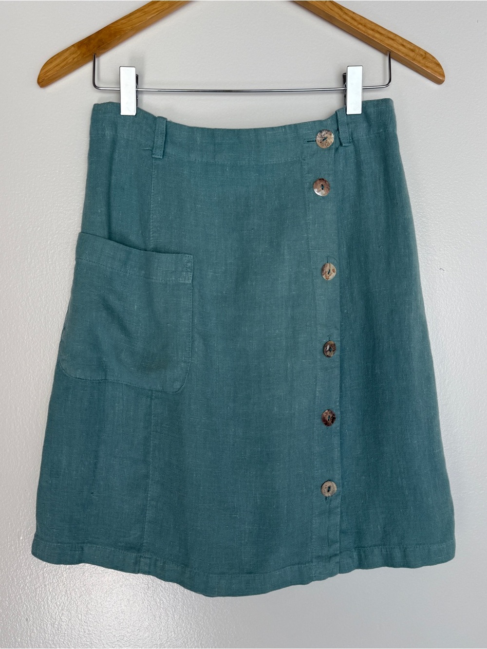 CLICK Women’s Vintage 100% Linen Mini Skirt Teal Button-Front Closure